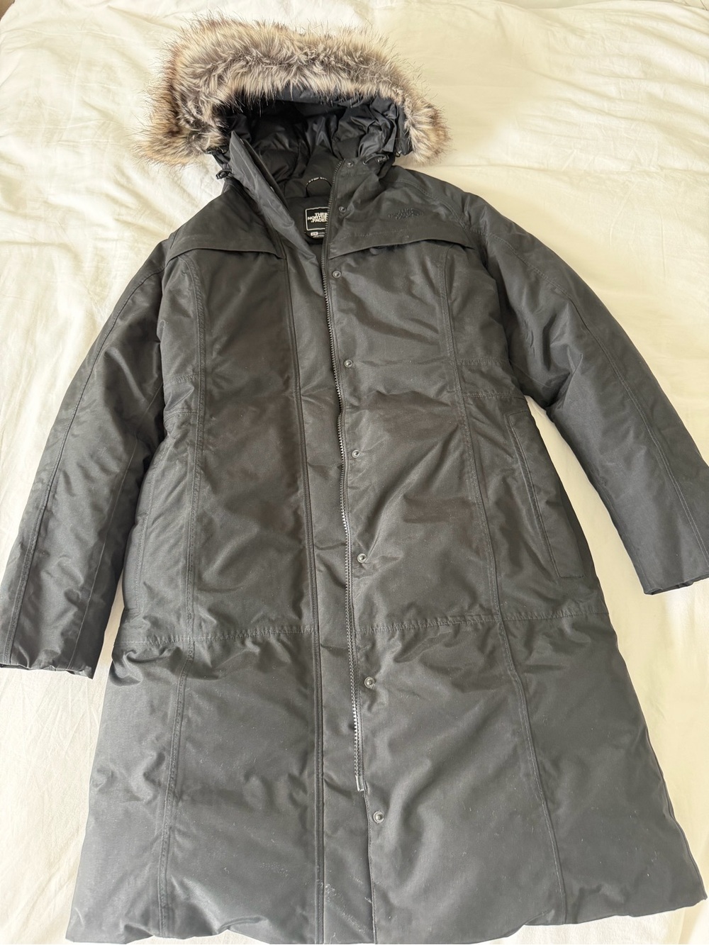The North Face Black Long Hooded Insulated Ski Coat with Faux Fur Trim